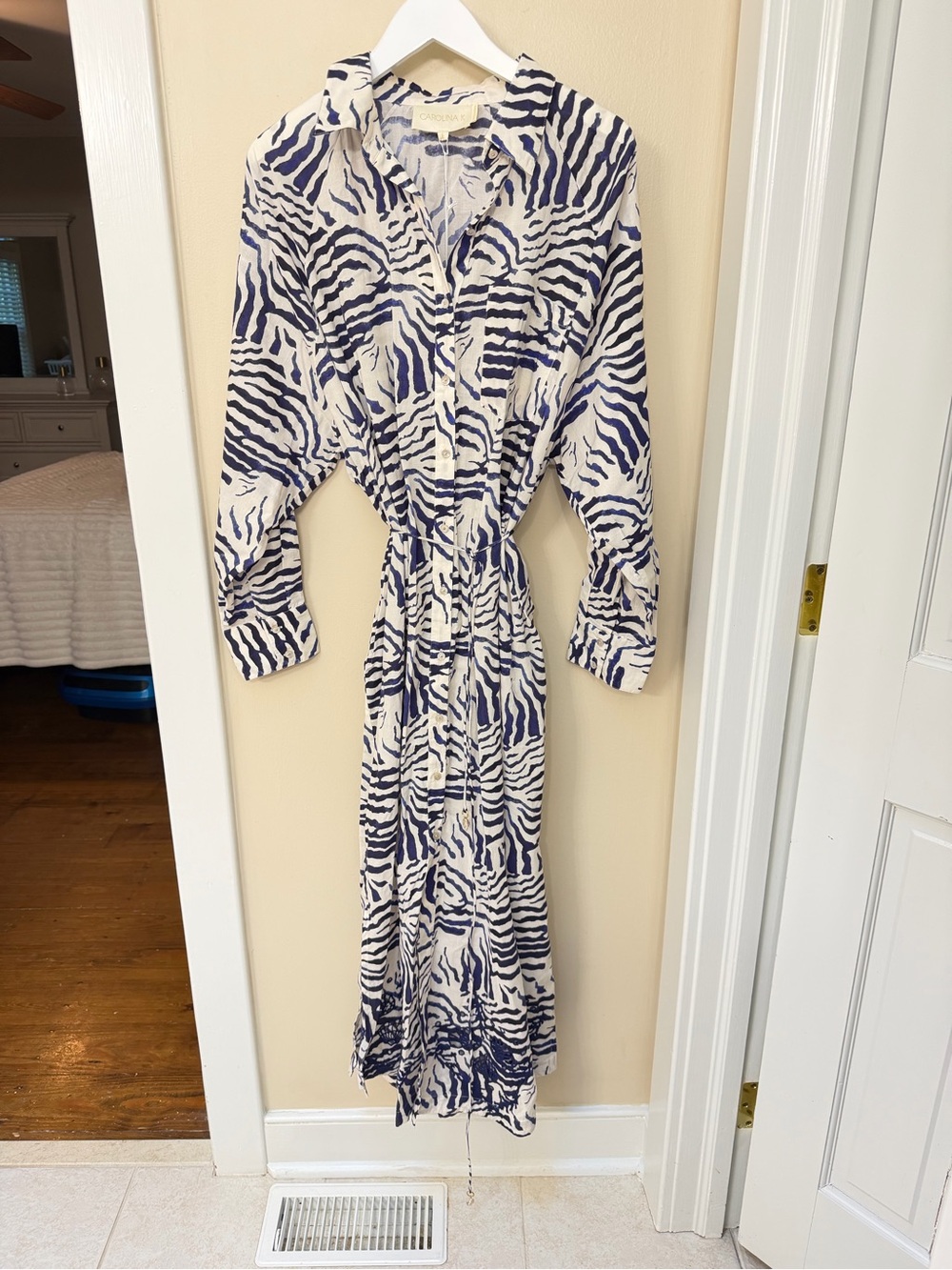 Carolina K Long Sleeve Navy Zebra-Print Shirt Dress L NWT